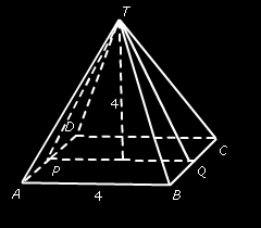 4 Je ziet een piramide. Het ondervlak is een vierkant met zijden 4 cm. De hoogte van de piramide is ook 4 cm. P ligt op het midden van AD en Q ligt op het midden van BC.
