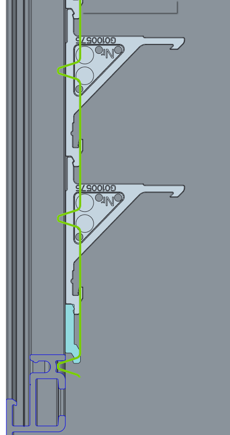 Montage - Stap 12: Indien het rooster eerst samengesteld wordt en dan pas gelakt (= breedte of hoogte <1600mm) moet een contactstrip toegevoegd worden.