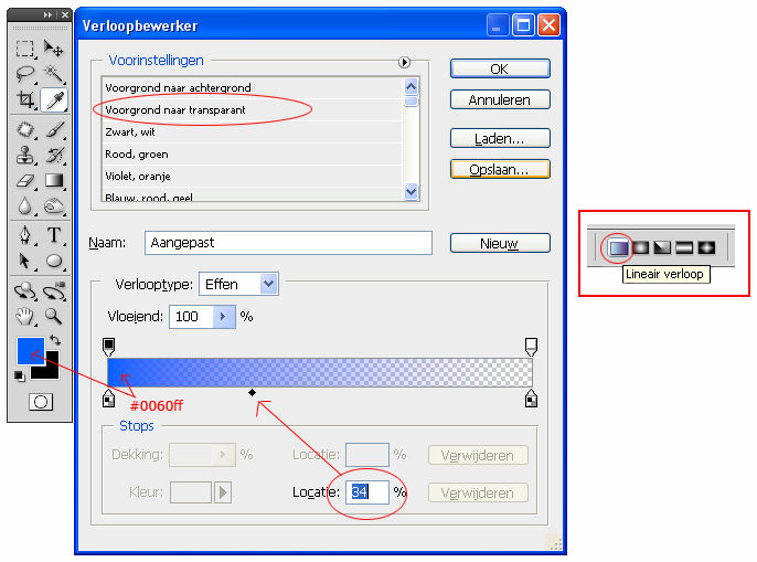 (M) Selecteer gereedschap: Verloop (G) Voorgrondkleur: #0060ff Optiebalk: