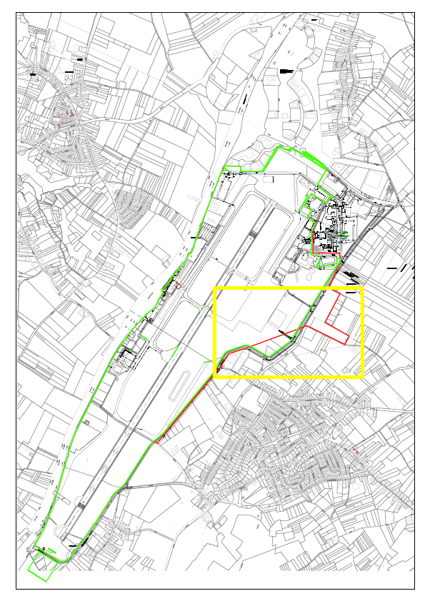 Figuur 1a: Detail wijziging luchthavengebied als gevolg van aanleg Ringweg (groen: nieuw vast te stellen grens, rood: