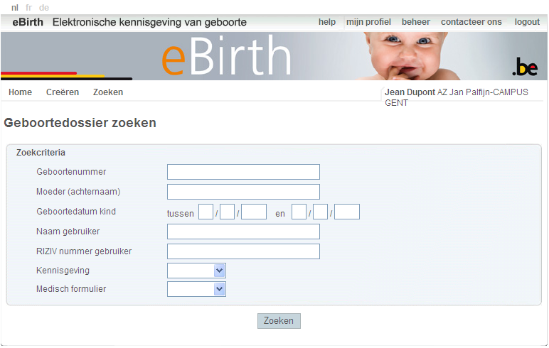 6 Opzoeken van een geboortedossier U kunt een opzoeking verrichten in de geboortedossiers door te klikken op de knop Zoeken in het menu.