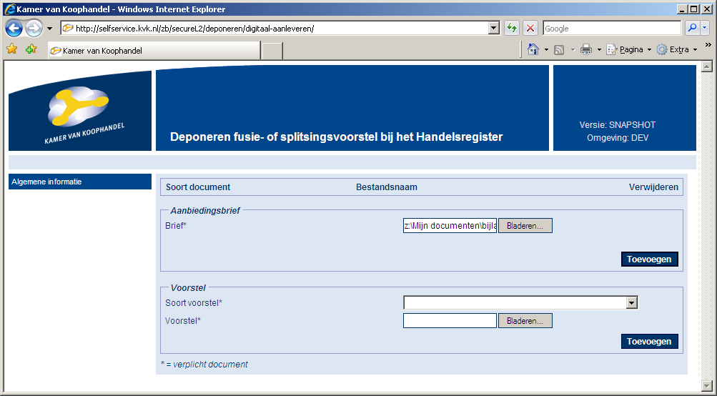 Stap 2 : Upload de brief en het voorstel; aanvullen deponeringsstukken. Door op de knop Bladeren te drukken in het vak Aanbiedingsbrief kunt het in te zenden bestand kiezen.