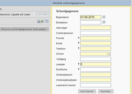 aanvrager in; School: kies de school via de knop in het veld via een keuzemenu en klik op selecteer; Leerjaar: vul 7 of 8 (bij een leerling van de basisschool) of 9 (bij een leerling in klas 1) in.