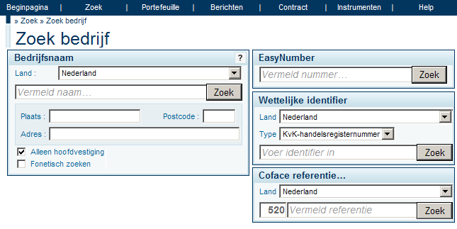 7. Een bedrijf zoeken U hebt toegang tot deze functie door te klikken op Zoek in de menubalk. Hiermee kunt u bedrijven zoeken aan de hand van de verschillende criteria, zoals hieronder beschreven.