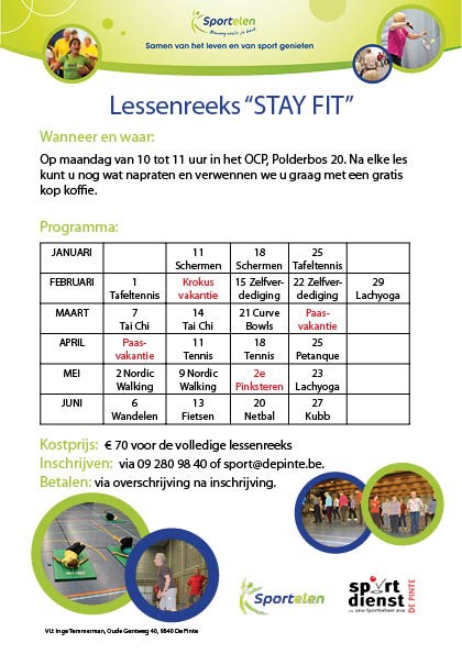 1. Sportactiviteiten voor medioren en senioren georganiseerd door Sportdienst De Pinte. Sportelprogramma +55 leven(s)lang sportelen in De Pinte STAY FIT!