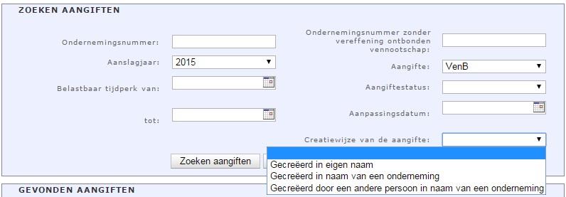 2) Creatiewijze van de aangifte: a) Gecreëerd in eigen naam ; alle aangiften weergeven die reeds zijn aangemaakt in eigen naam.