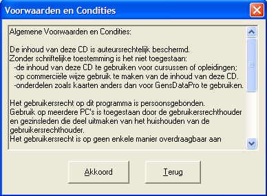 Daarna verschijnt het venster Voorwaarden en Condities. Als u akkoord gaat met de voorwaarden, klik dan op Akkoord. Er komt nu een venster waarin de standaard installatiemap staat aangegeven.