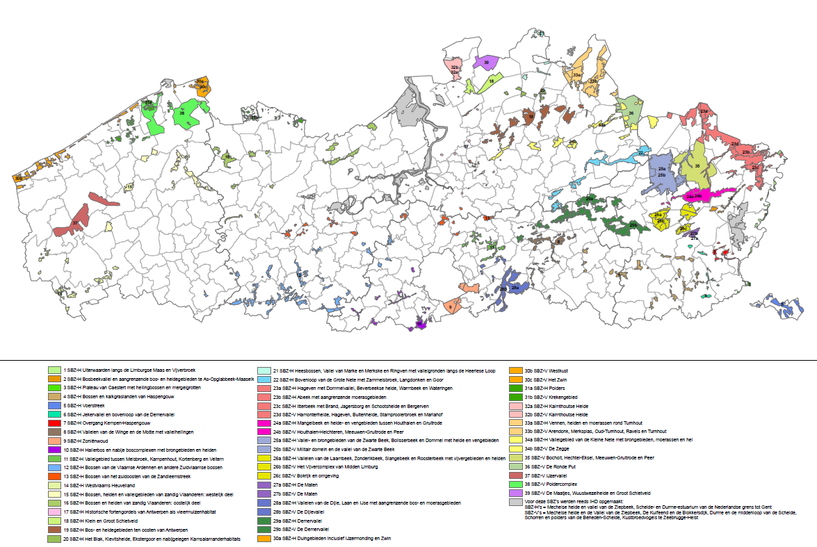Natura 2000 in Vlaanderen = opp Habitatrichtlijngebieden: 105.022 ha = opp Vogelrichtlijngebieden: 98.243 ha = 165.