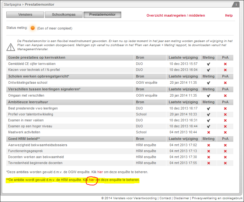 Stap 4: Invullen vragenlijst HRM beleid Door de vragenlijst over het HRM-beleid in te vullen, vult u vier indicatoren in de Prestatiemonitor: Aanwezigheid bekwaamheidsdossiers, Functioneringsgesprek,