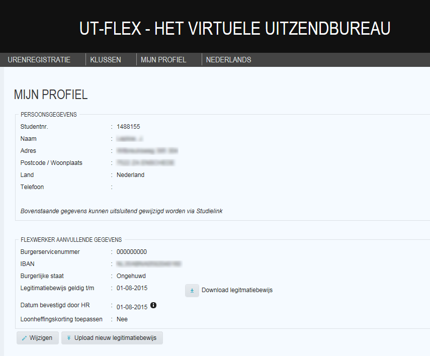 10. Door het koppelen aan de klus ben je nu geregistreerd in UT flex 2.0 en is je profiel met je persoonsgegevens nu zichtbaar! 11. Door een koppeling met de studentenadministratie beschikt UT flex 2.