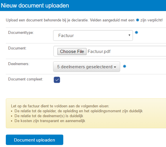 Factuur Ook hier gaat de procedure op dezelfde manier. Echter na het uploaden van het document komen er nog 2 vervolgschermen waarin extra informatie wordt gevraagd over de factuur.