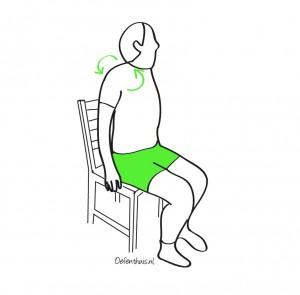 SCHOUDER - MOBILTEIT Oefening 4 Doel: de gewrichten van de schoudergordel smeren en licht mobiliseren. 1. Stand of zit 2.