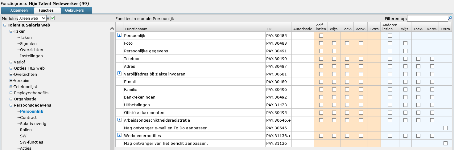 Richt eerst de rechten in voor toegang tot het web. Klik hiervoor op Talent & Salaris web. Hier worden de rechten toegekend voor de buttons Mijn Talent en Talent.