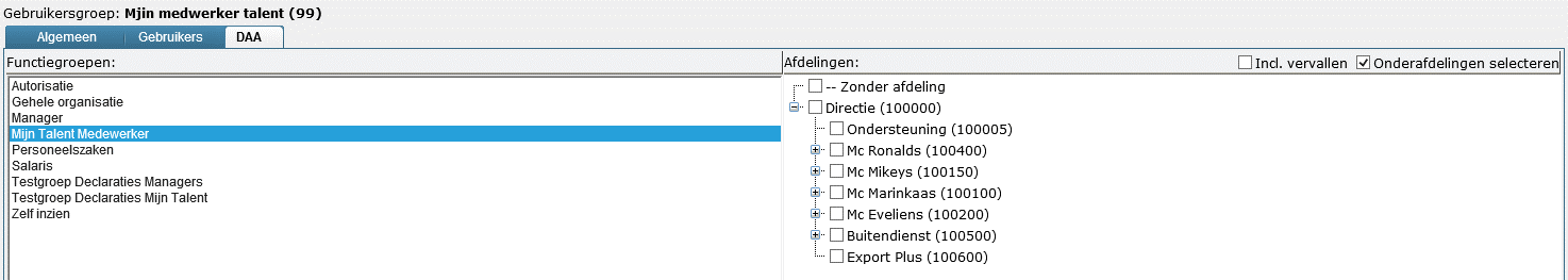 Tabblad DAA Hier wordt Functiegroep aan de Gebruikersgroep gekoppeld.