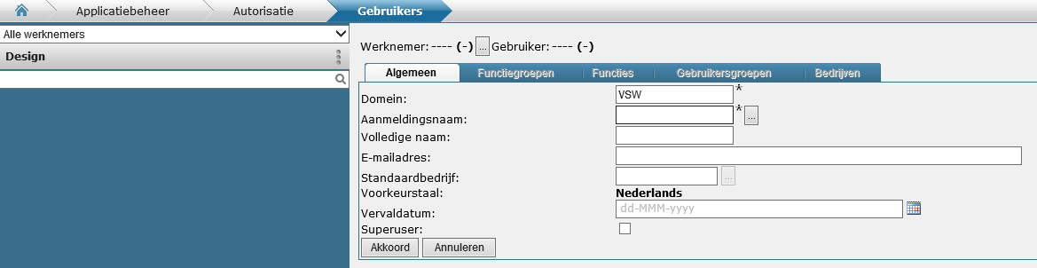 2.1 Gebruikers Ga via de module Applicatiebeheer naar het menu Autorisatie Gebruikers Klik op Gebruiker vastleggen Het volgende scherm verschijnt: Tabblad Algemeen Domein: het Active Directory-domein