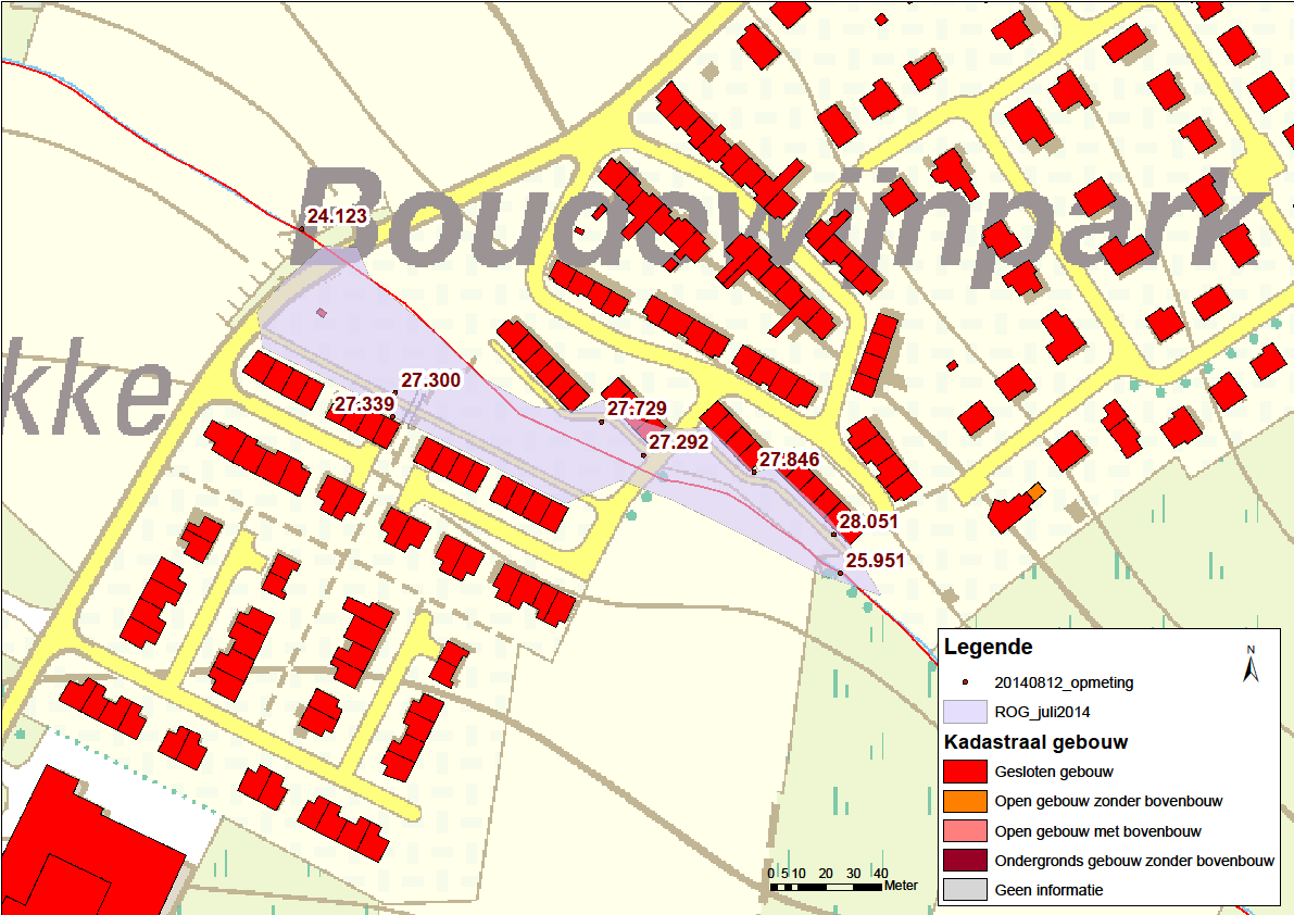 Bijlage I Zonnebeke, wijk Boudewijnpark, contouren en waterhoogtes (mtaw) van recent overstroomd gebied eind juli 2014