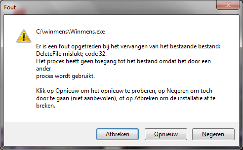 Foutmelding bij installatie: Als u deze melding krijgt heeft u het programma WinMens nog openstaan.