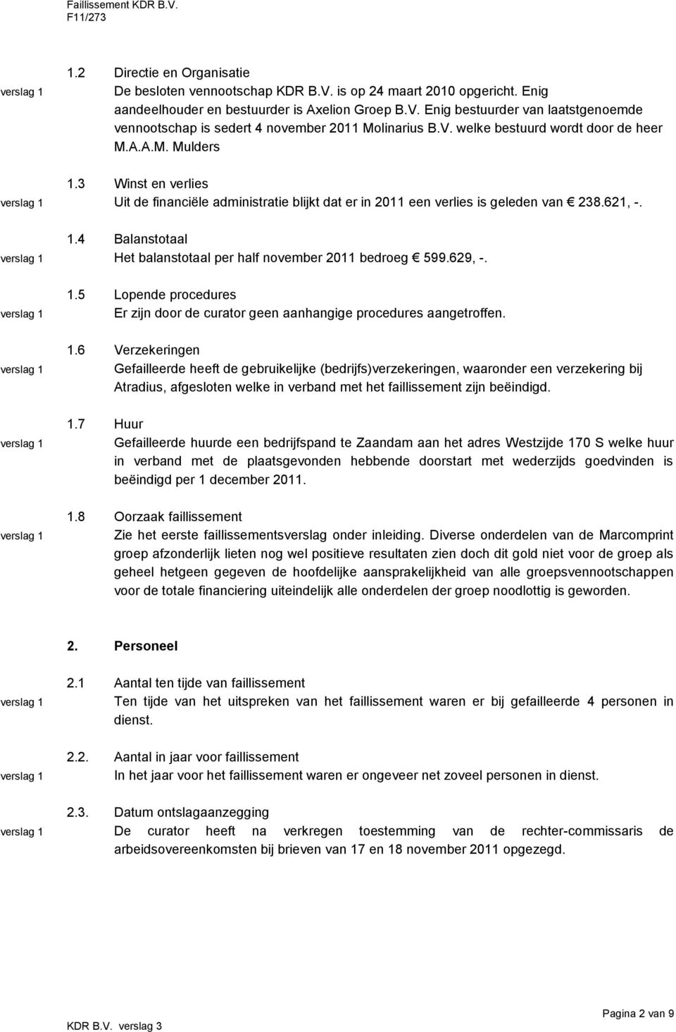 629, -. 1.5 Lopende procedures Er zijn door de curator geen aanhangige procedures aangetroffen. 1.6 Verzekeringen Gefailleerde heeft de gebruikelijke (bedrijfs)verzekeringen, waaronder een verzekering bij Atradius, afgesloten welke in verband met het faillissement zijn beëindigd.