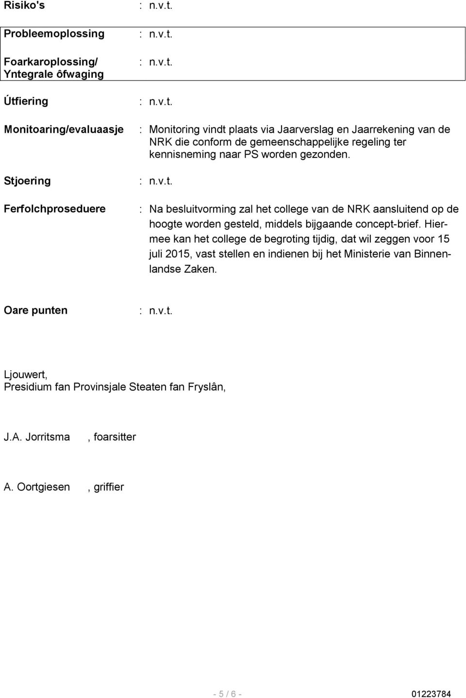: Na besluitvorming zal het college van de NRK aansluitend op de hoogte worden gesteld, middels bijgaande concept-brief.