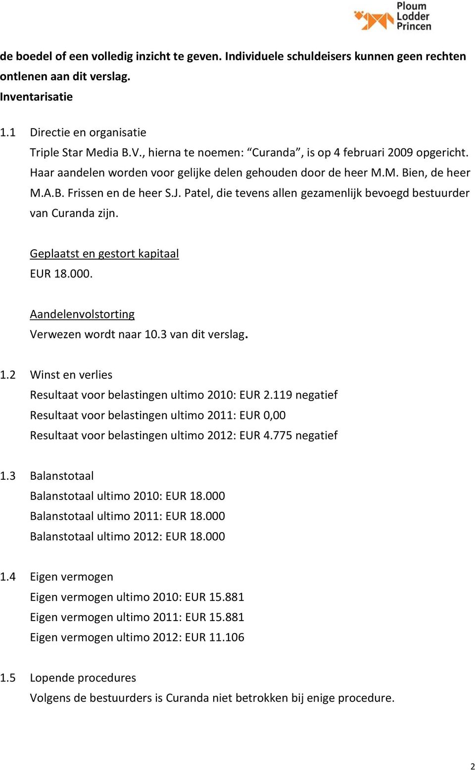 Patel, die tevens allen gezamenlijk bevoegd bestuurder van Curanda zijn. Geplaatst en gestort kapitaal EUR 18.000. Aandelenvolstorting Verwezen wordt naar 10.3 van dit verslag. 1.2 Winst en verlies Resultaat voor belastingen ultimo 2010: EUR 2.