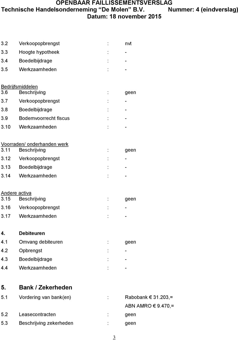 13 Boedelbijdrage : - 3.14 Werkzaamheden : - Andere activa 3.15 Beschrijving : geen 3.16 Verkoopopbrengst : - 3.17 Werkzaamheden : - 4. Debiteuren 4.