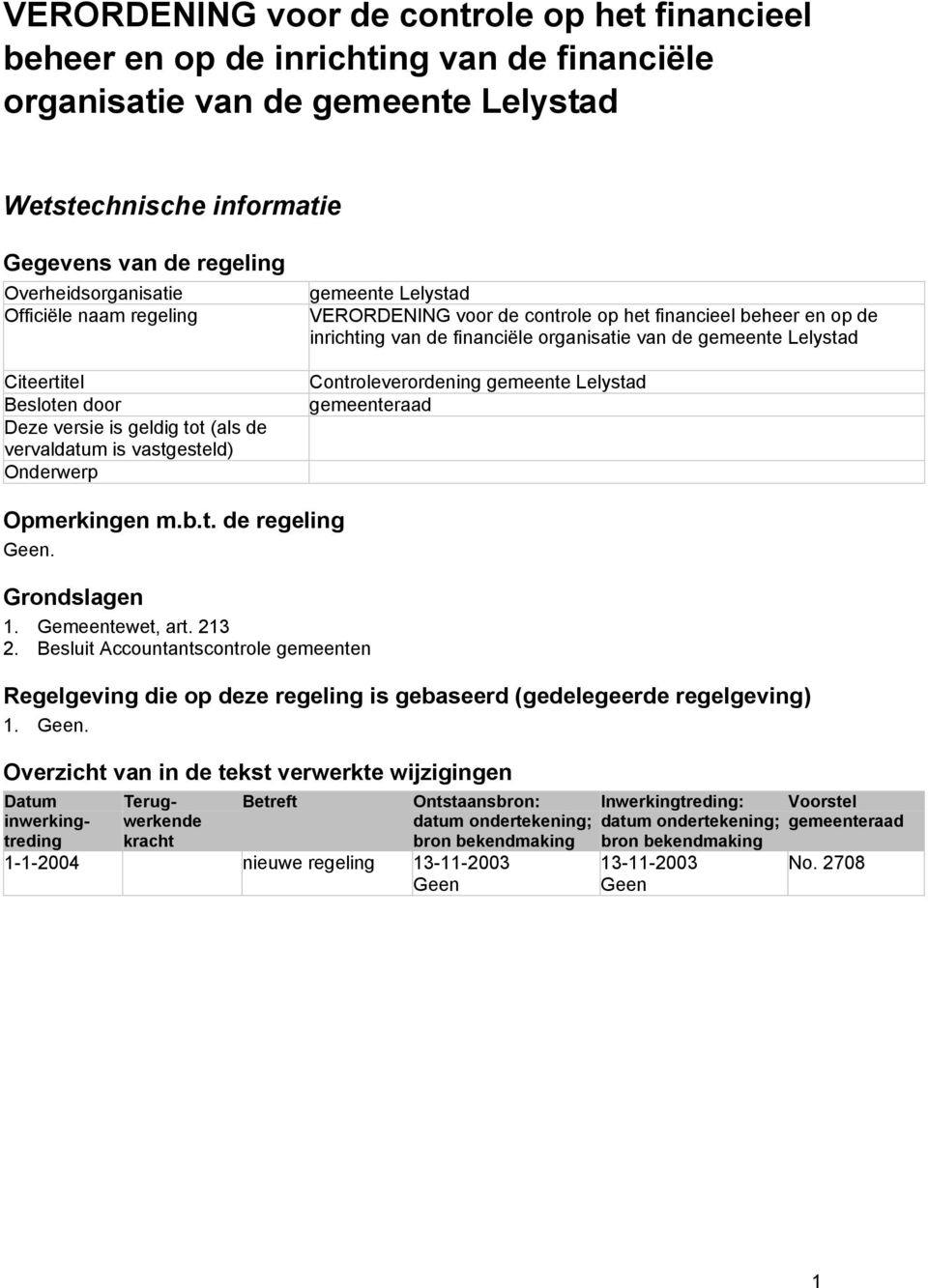 financieel beheer en op de inrichting van de financiële organisatie van de gemeente Lelystad Controleverordening gemeente Lelystad gemeenteraad Opmerkingen m.b.t. de regeling Geen. Grondslagen 1.