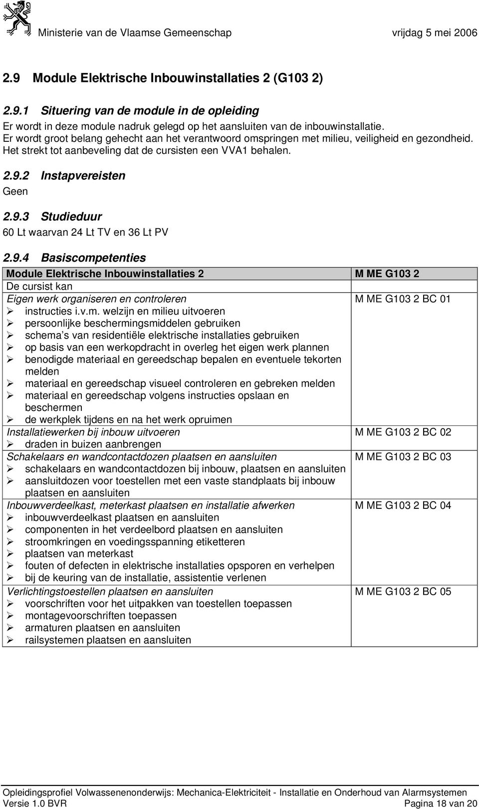 2 Instapvereisten Geen 2.9.3 Studieduur 60 Lt waarvan 24 Lt TV en 36 Lt PV 2.9.4 Basiscompetenties Module Inbouwinstallaties 2 M ME G103 2 Eigen werk organiseren en controleren M ME G103 2 BC 01 instructies i.