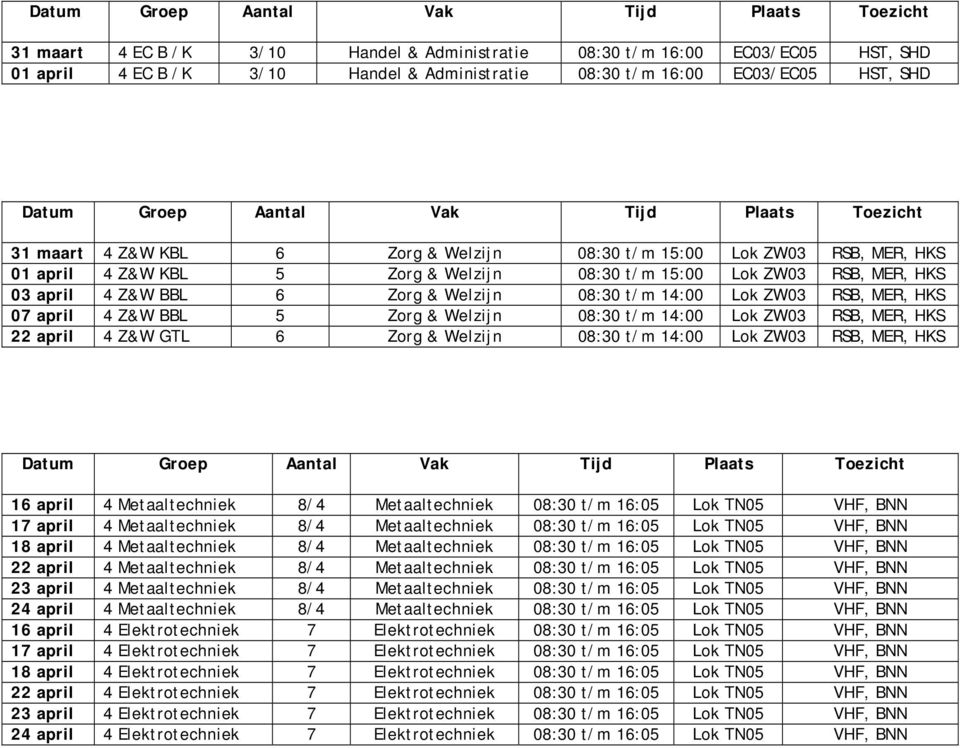 Z&W BBL 5 Zorg & Welzijn 08:30 t/m 14:00 Lok ZW03 RSB, MER, HKS 22 april 4 Z&W GTL 6 Zorg & Welzijn 08:30 t/m 14:00 Lok ZW03 RSB, MER, HKS 16 april 4 Metaaltechniek 8/4 Metaaltechniek 08:30 t/m 16:05