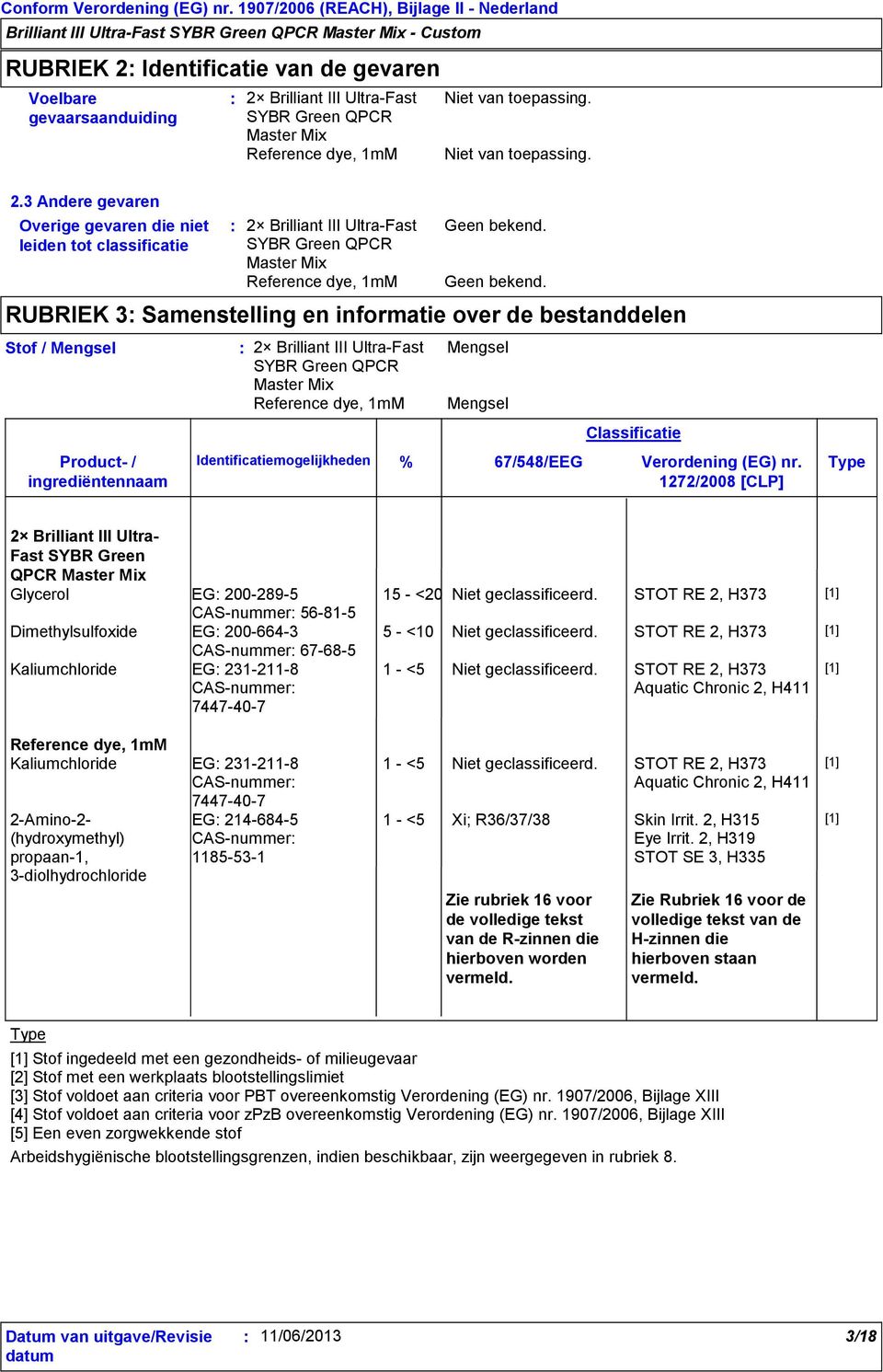 RUBRIEK 3 Samenstelling en informatie over de bestanddelen Stof / Mengsel Product- / ingrediëntennaam Identificatiemogelijkheden Mengsel Mengsel Classificatie % 67/548/EEG Verordening (EG) nr.