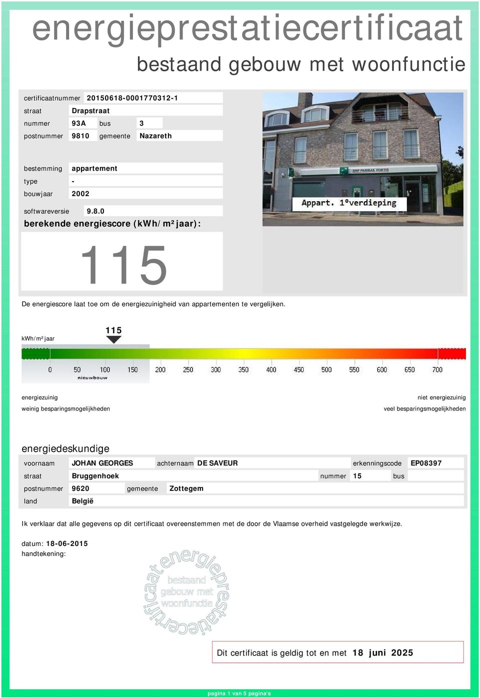 kwh/m²ar 115 weinig besparingsmogelijkheden veel besparingsmogelijkheden energiedeskundige voornaam JOHAN GEORGES achternaam DE SAVEUR erkenningscode EP08397 straat Bruggenhoek