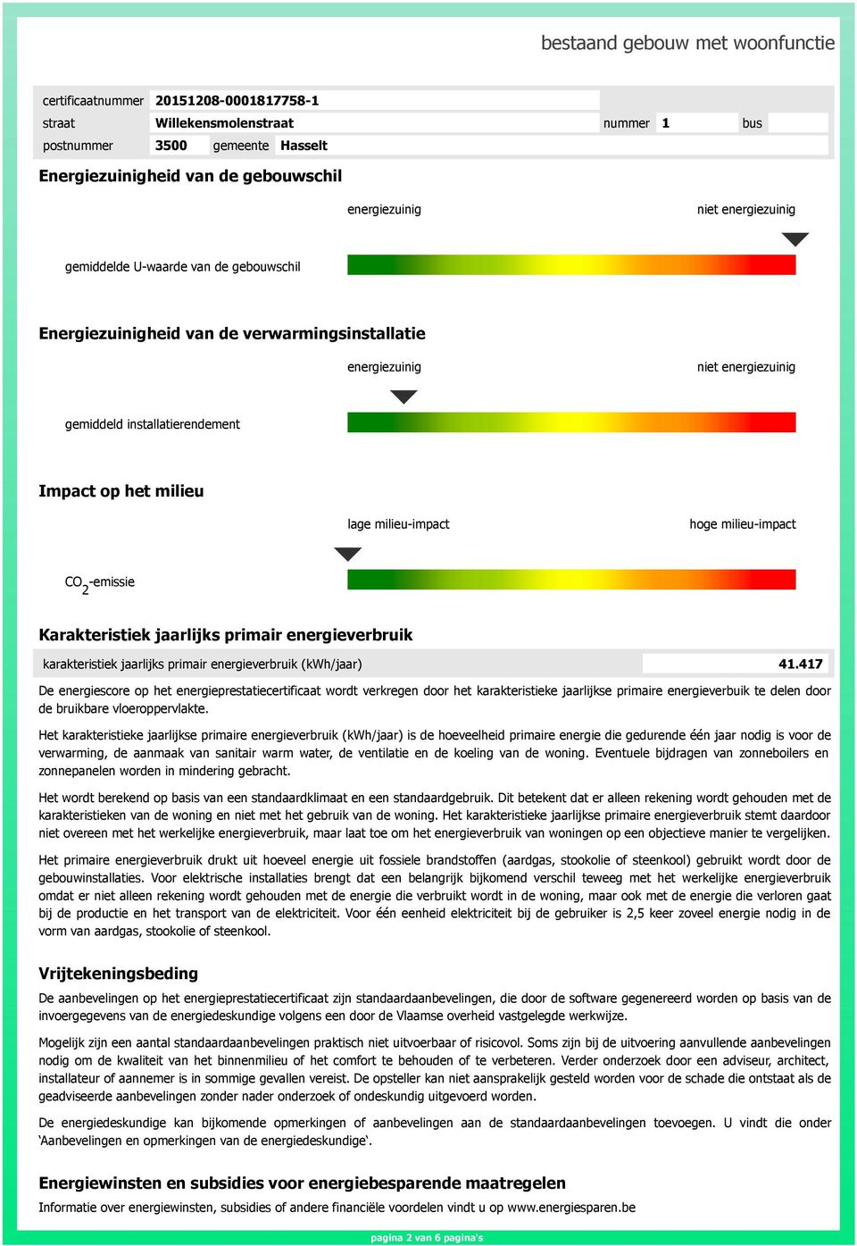 (kwh/jaar) 41.417 De energiescore op het energieprestatiecertificaat wordt verkregen door het karakteristieke jaarlijkse primaire energieverbuik te delen door de bruikbare vloeroppervlakte.