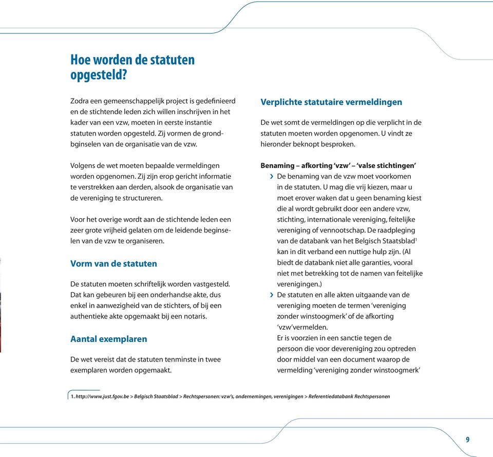 Zij vormen de grondbginselen van de organisatie van de vzw. Verplichte statutaire vermeldingen De wet somt de vermeldingen op die verplicht in de statuten moeten worden opgenomen.