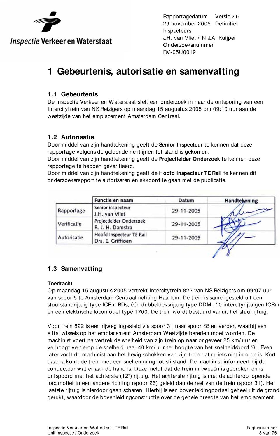 emplacement Amsterdam Centraal. 1.2 Autorisatie Door middel van zijn handtekening geeft de Senior Inspecteur te kennen dat deze rapportage volgens de geldende richtlijnen tot stand is gekomen.
