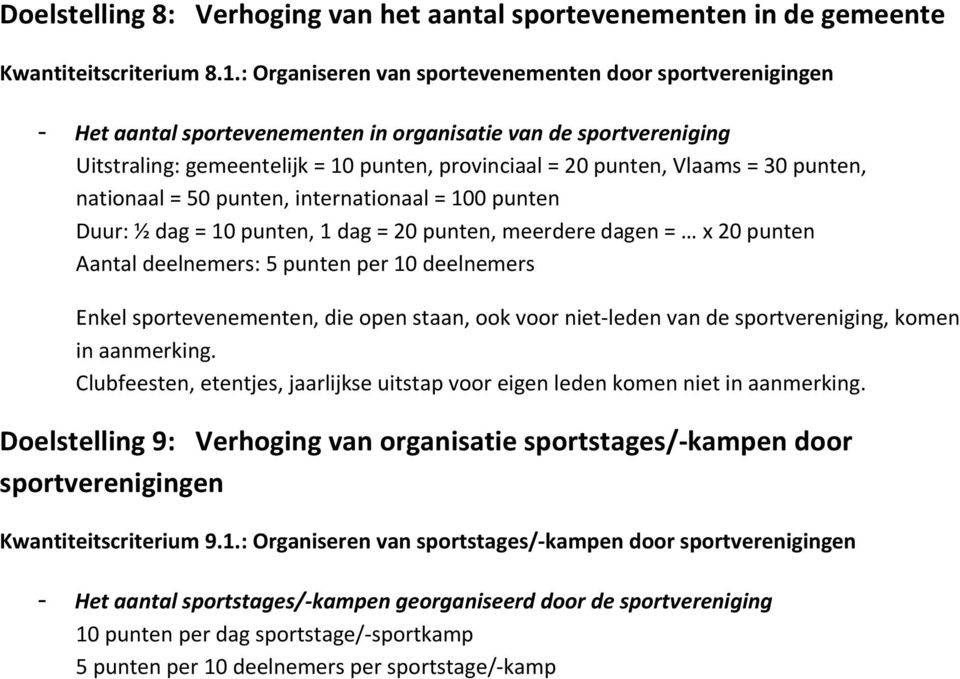 nationaal =, internationaal = 100 punten Duur: ½ dag =, 1 dag = 20 punten, meerdere dagen = x 20 punten Aantal deelnemers: 5 punten per 10 deelnemers Enkel sportevenementen, die open staan, ook voor