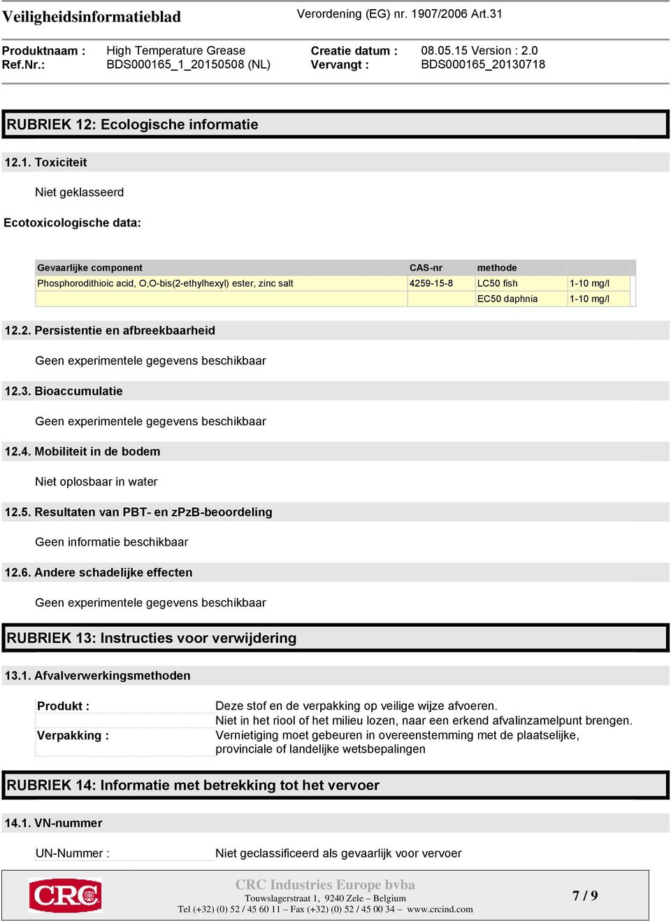 .1. Toxiciteit Ecotoxicologische data: Gevaarlijke component CAS-nr methode Phosphorodithioic acid, O,O-bis(2-ethylhexyl) ester, zinc salt 4259-15-8 LC50 fish 1-10 mg/l EC50 daphnia 1-10 mg/l 12.2. Persistentie en afbreekbaarheid Geen experimentele gegevens beschikbaar 12.