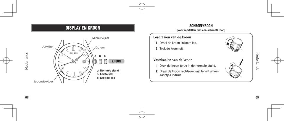 Secondewijzer a b c KROON b: Eerste klik a: Normale stand c: Tweede klik Vastdraaien van de