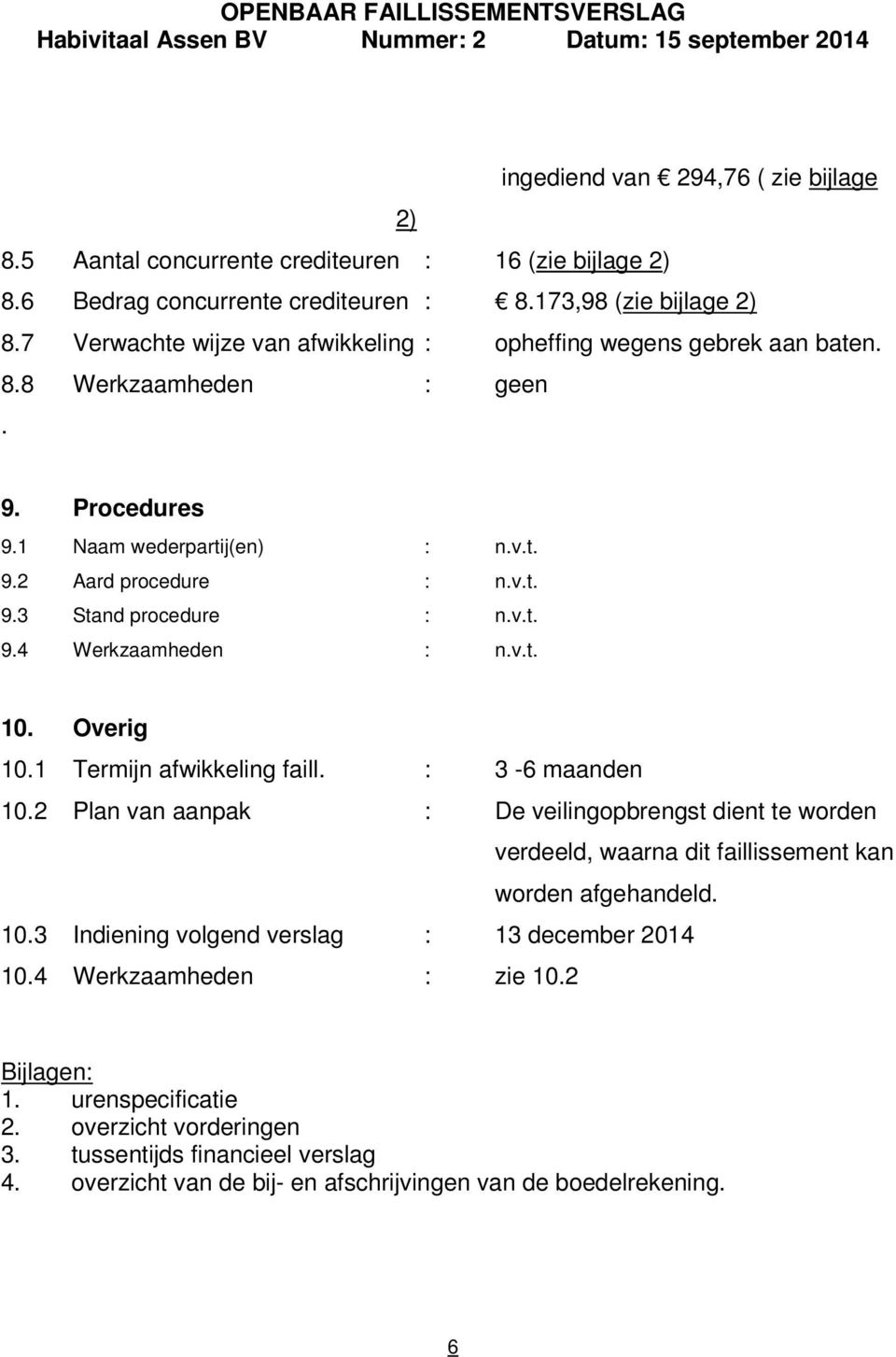 v.t. 10. Overig 10.1 Termijn afwikkeling faill. : 3-6 maanden 10.2 Plan van aanpak : De veilingopbrengst dient te worden verdeeld, waarna dit faillissement kan worden afgehandeld. 10.3 Indiening volgend verslag : 13 december 2014 10.