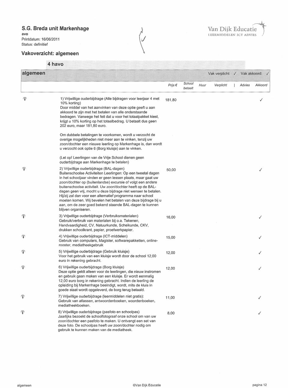 CV, Natuurkunde, SCheikunde, CKV, 'i" 4) Vrijwillige ouderbijdrage (et-middelen) 16,00 15,00 ff' 5) Vrijwillige ouderbijdrage (Gebruik kluisje) 12,00 'i" 6) Vrijwillige ouderbijdrage (Borg kluisje)