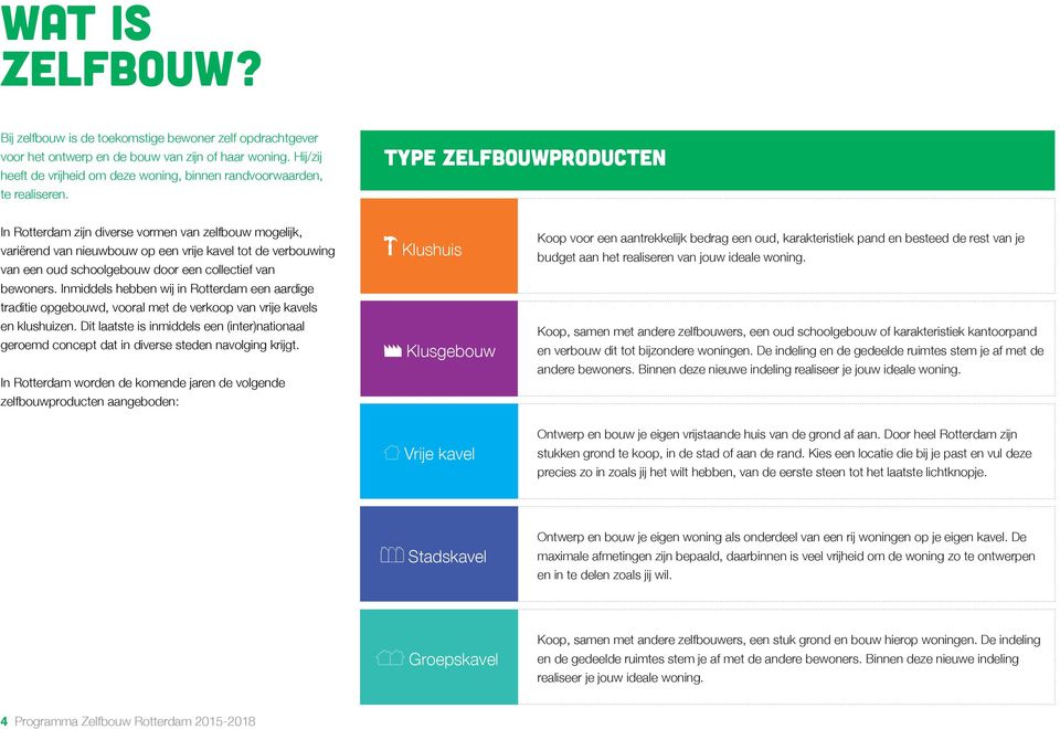 Type zelfbouwproducten In Rotterdam zijn diverse vormen van zelfbouw mogelijk, variërend van nieuwbouw op een vrije kavel tot de verbouwing van een oud schoolgebouw door een collectief van bewoners.