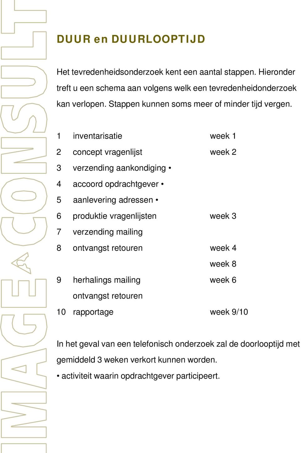 1 inventarisatie week 1 2 concept vragenlijst week 2 3 verzending aankondiging 4 accoord opdrachtgever 5 aanlevering adressen 6 produktie vragenlijsten week 3 7