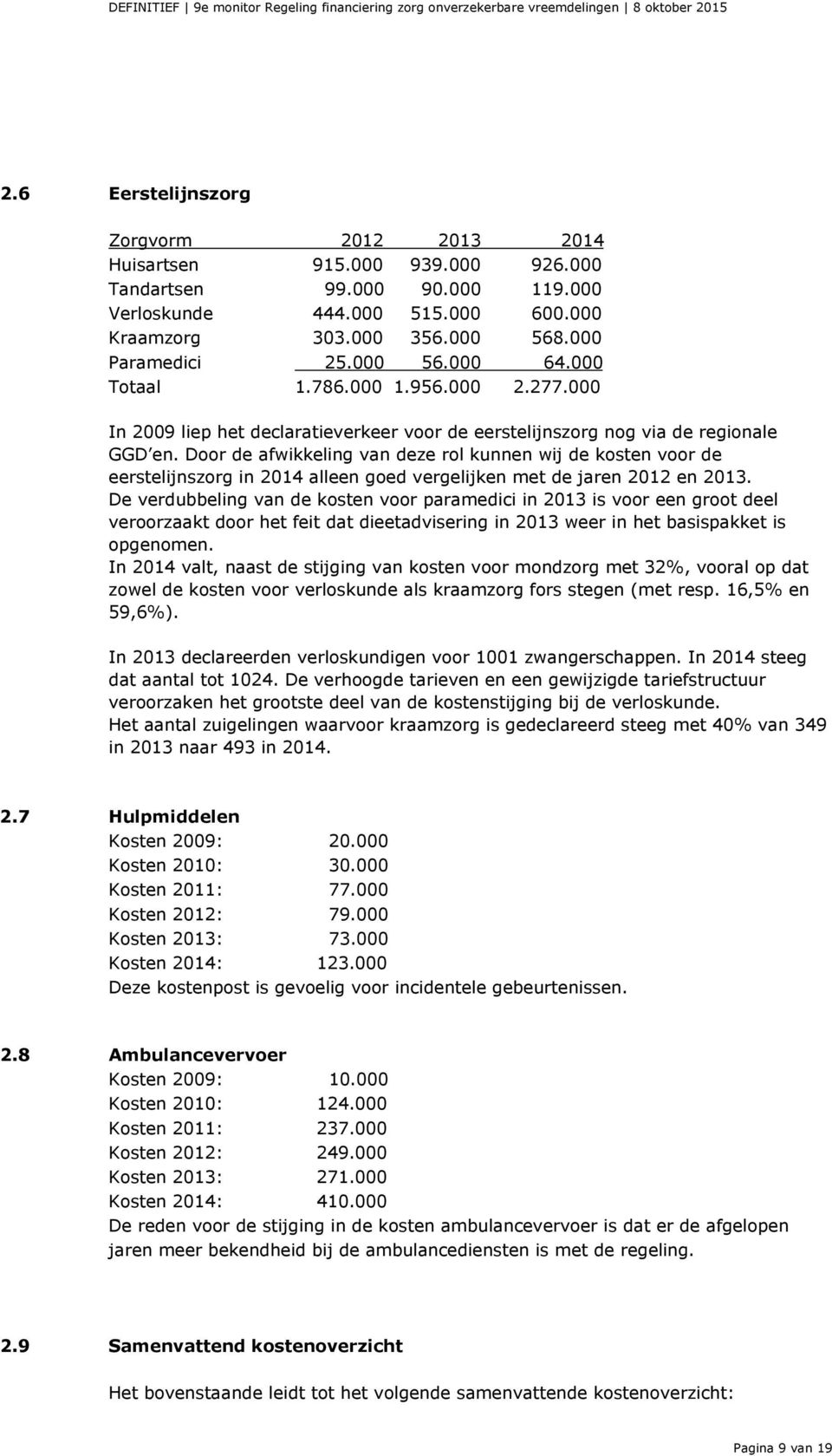 Door de afwikkeling van deze rol kunnen wij de kosten voor de eerstelijnszorg in 2014 alleen goed vergelijken met de jaren 2012 en 2013.