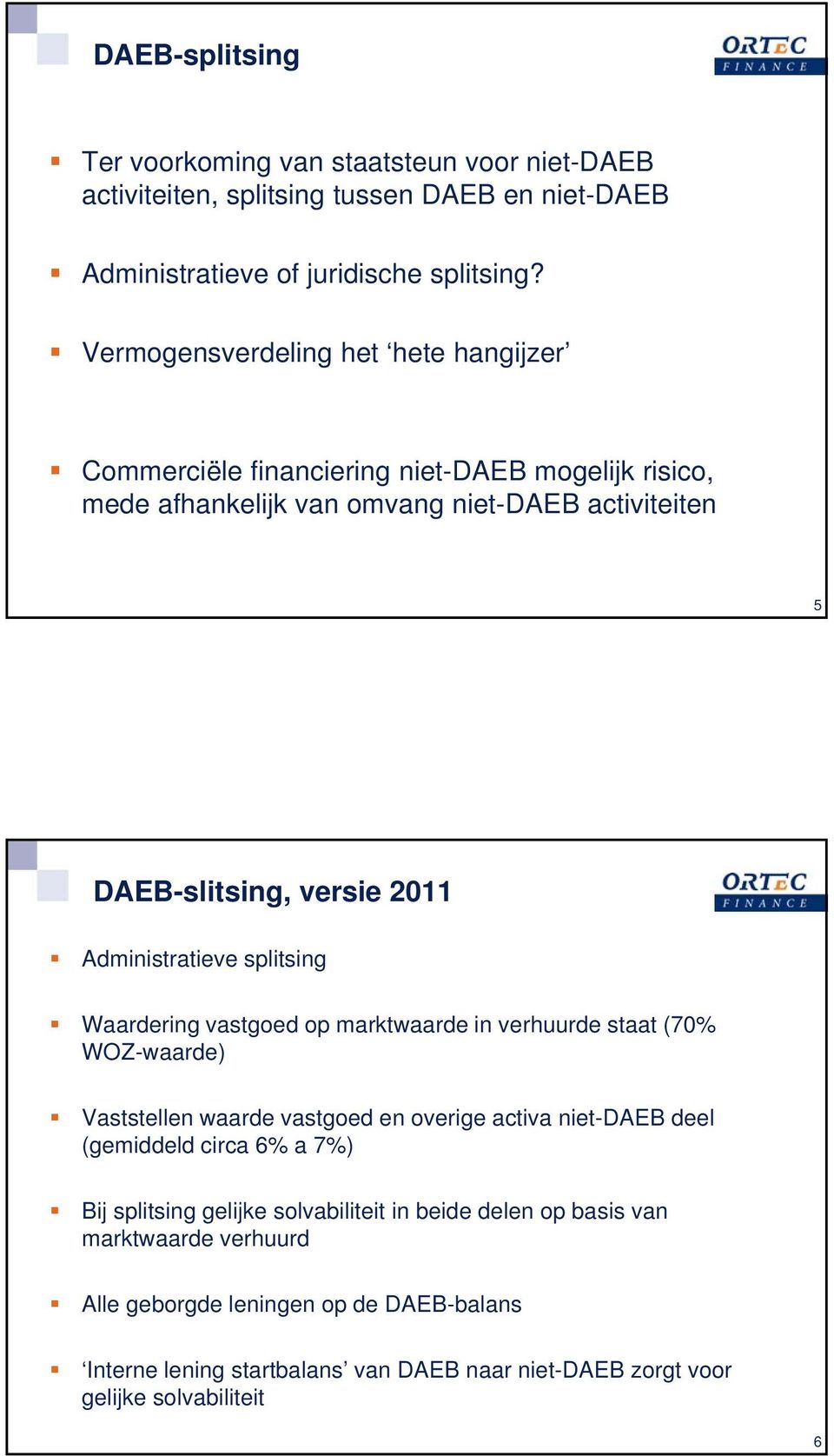 Administratieve splitsing Waardering vastgoed op marktwaarde in verhuurde staat (70% WOZ-waarde) Vaststellen waarde vastgoed en overige activa niet-daeb deel (gemiddeld circa 6%