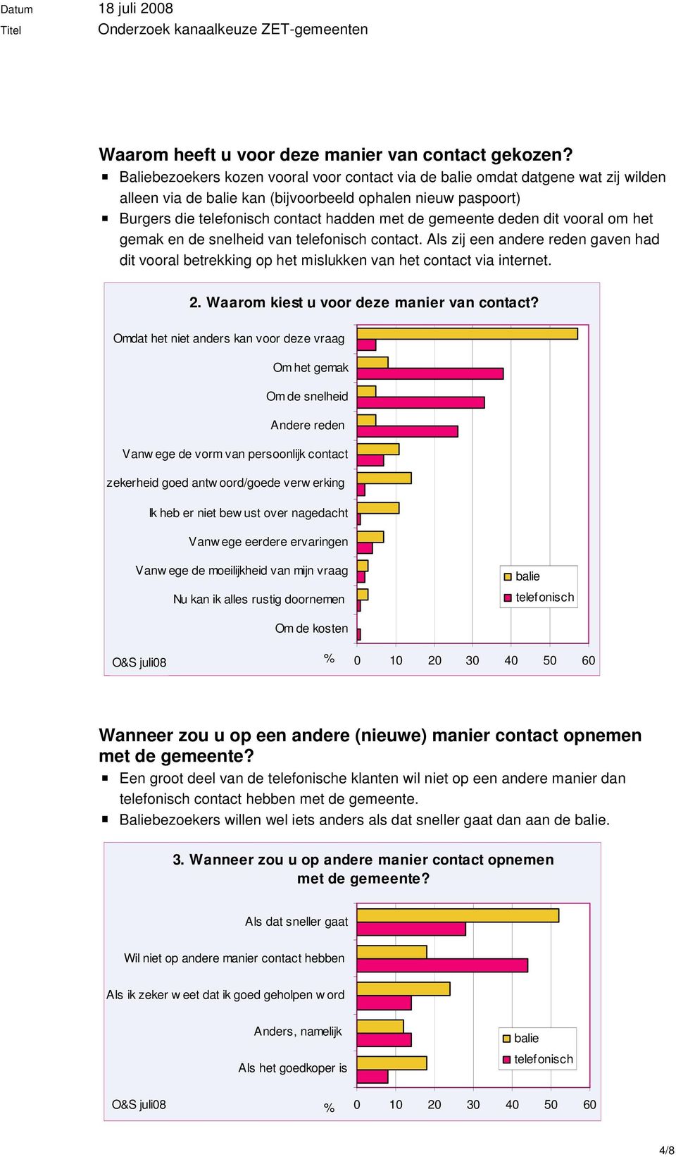 gemak en de snelheid van contact. Als zij een andere reden gaven had dit vooral betrekking op het mislukken van het contact via internet. 2. Waarom kiest u voor deze manier van contact?