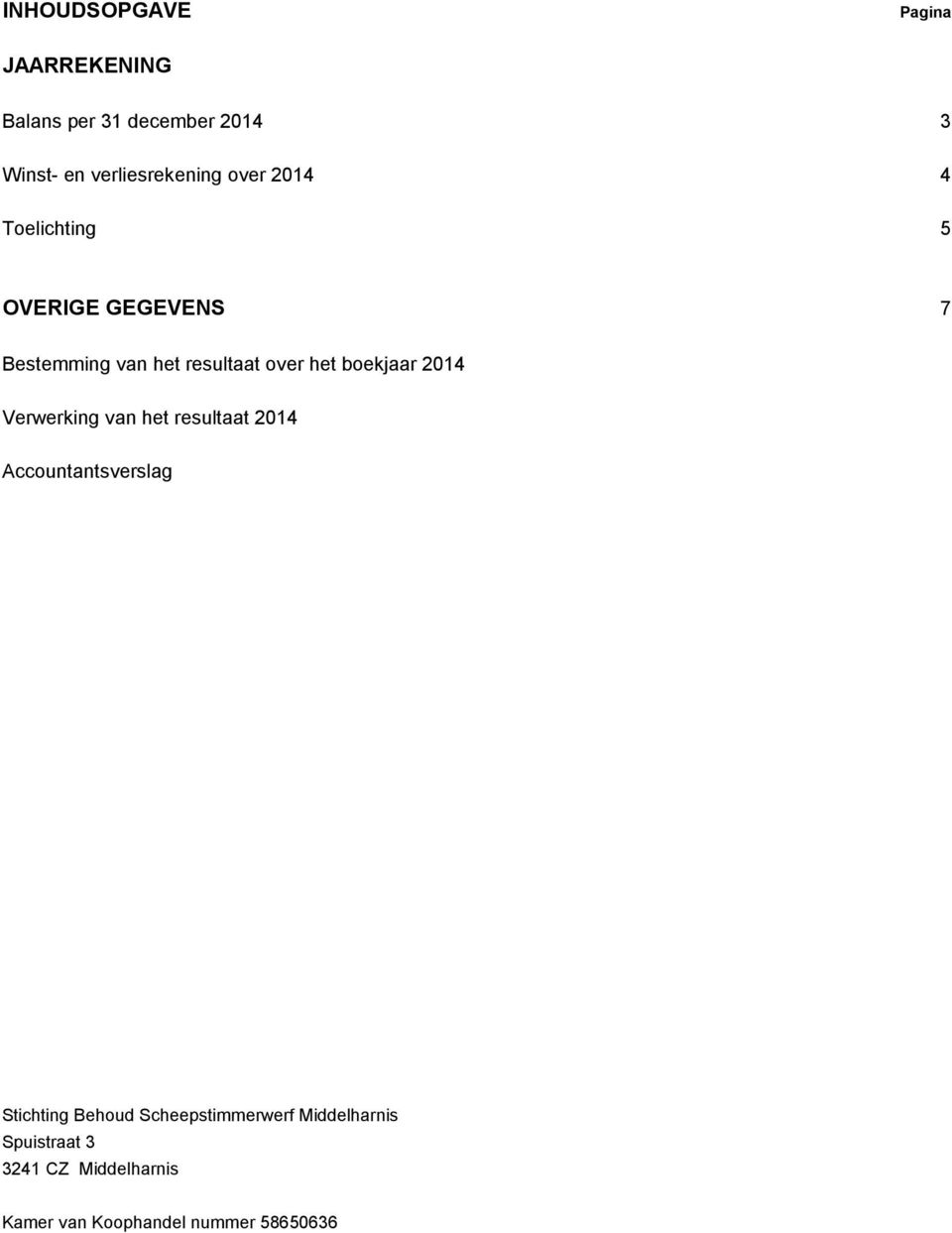 boekjaar 2014 Verwerking van het resultaat 2014 Accountantsverslag Stichting Behoud