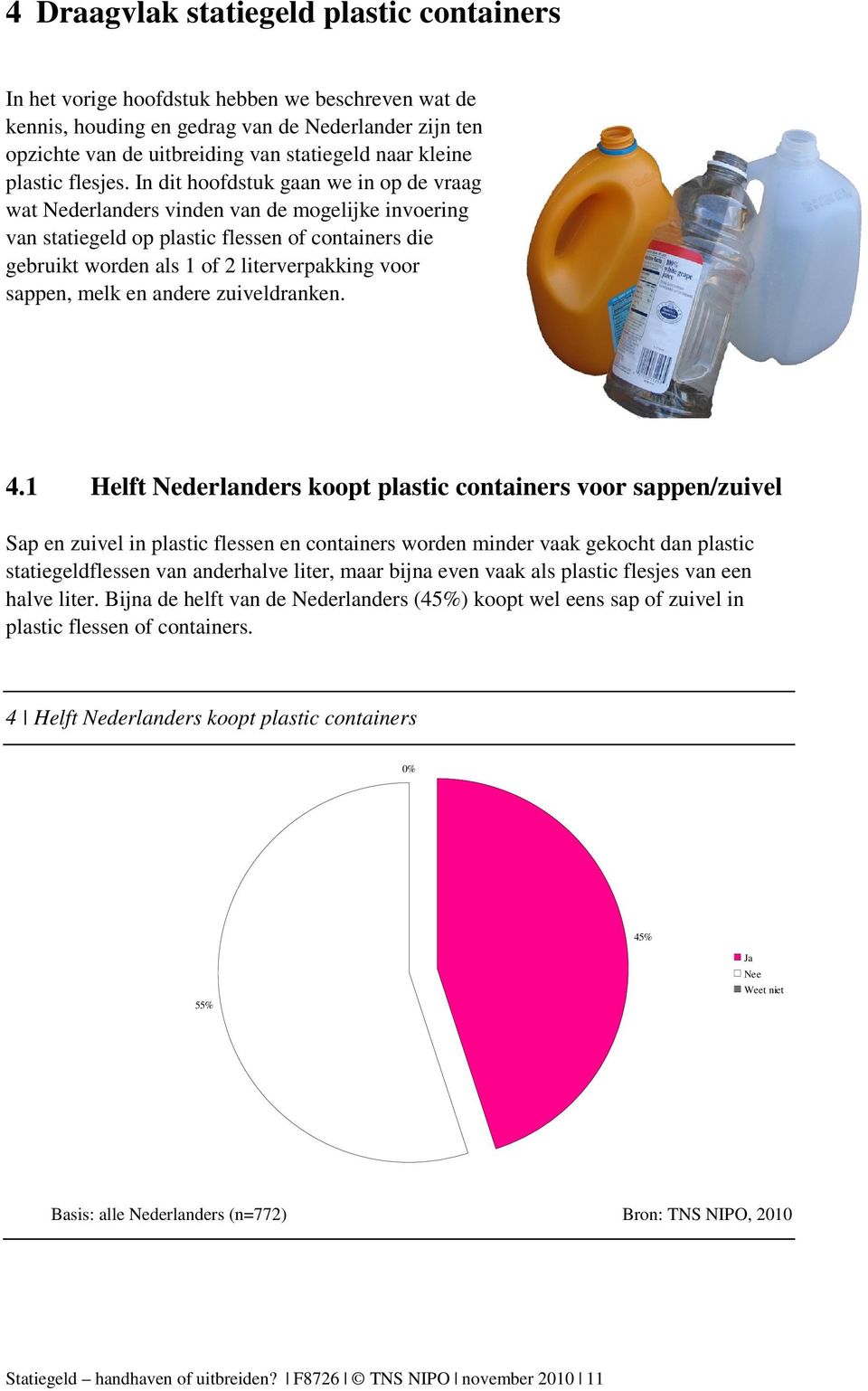In dit hoofdstuk gaan we in op de vraag wat Nederlanders vinden van de mogelijke invoering van statiegeld op plastic flessen of containers die gebruikt worden als 1 of 2 literverpakking voor sappen,
