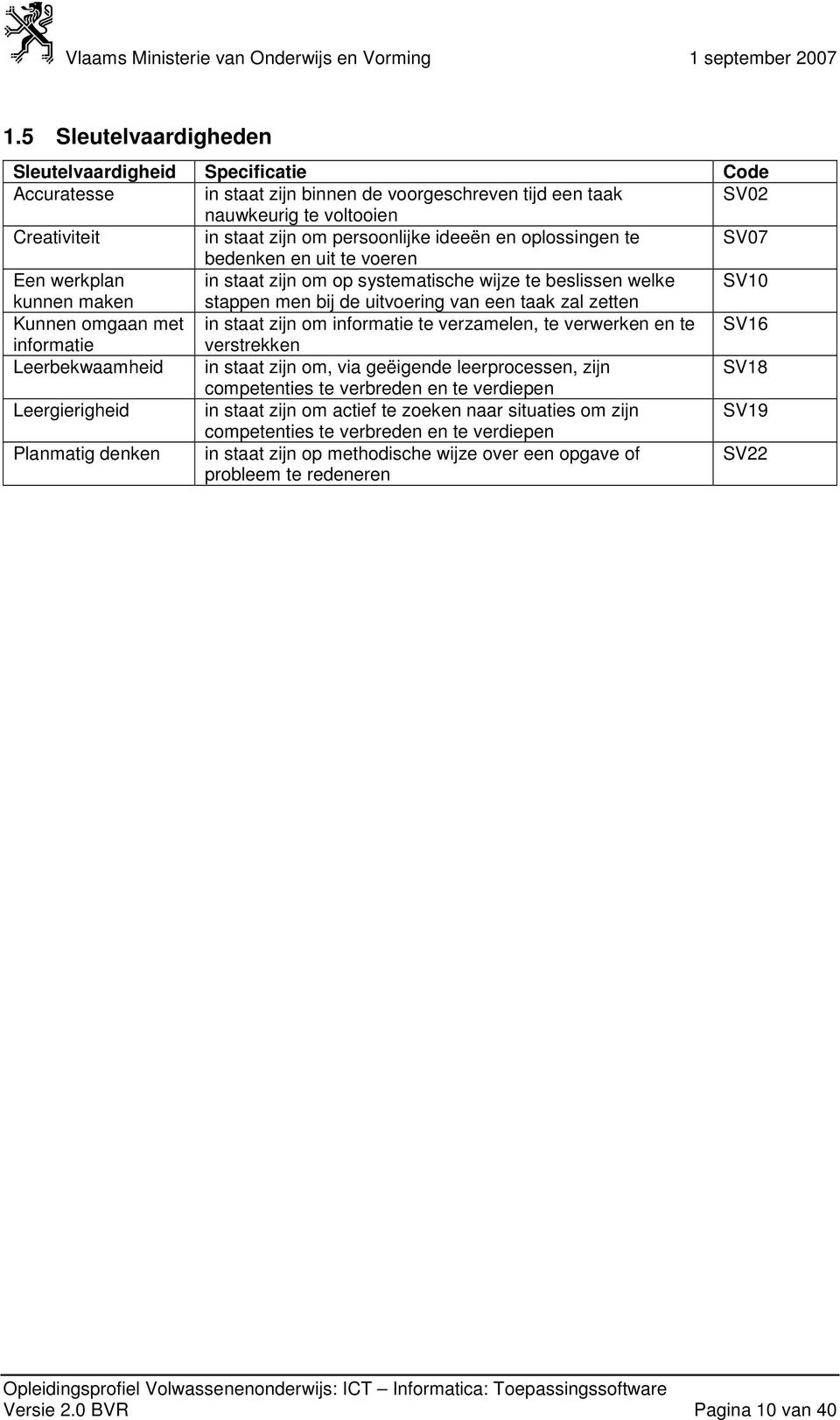 Kunnen omgaan met in staat zijn om informatie te verzamelen, te verwerken en te SV16 informatie verstrekken Leerbekwaamheid in staat zijn om, via geëigende leerprocessen, zijn SV18 competenties te