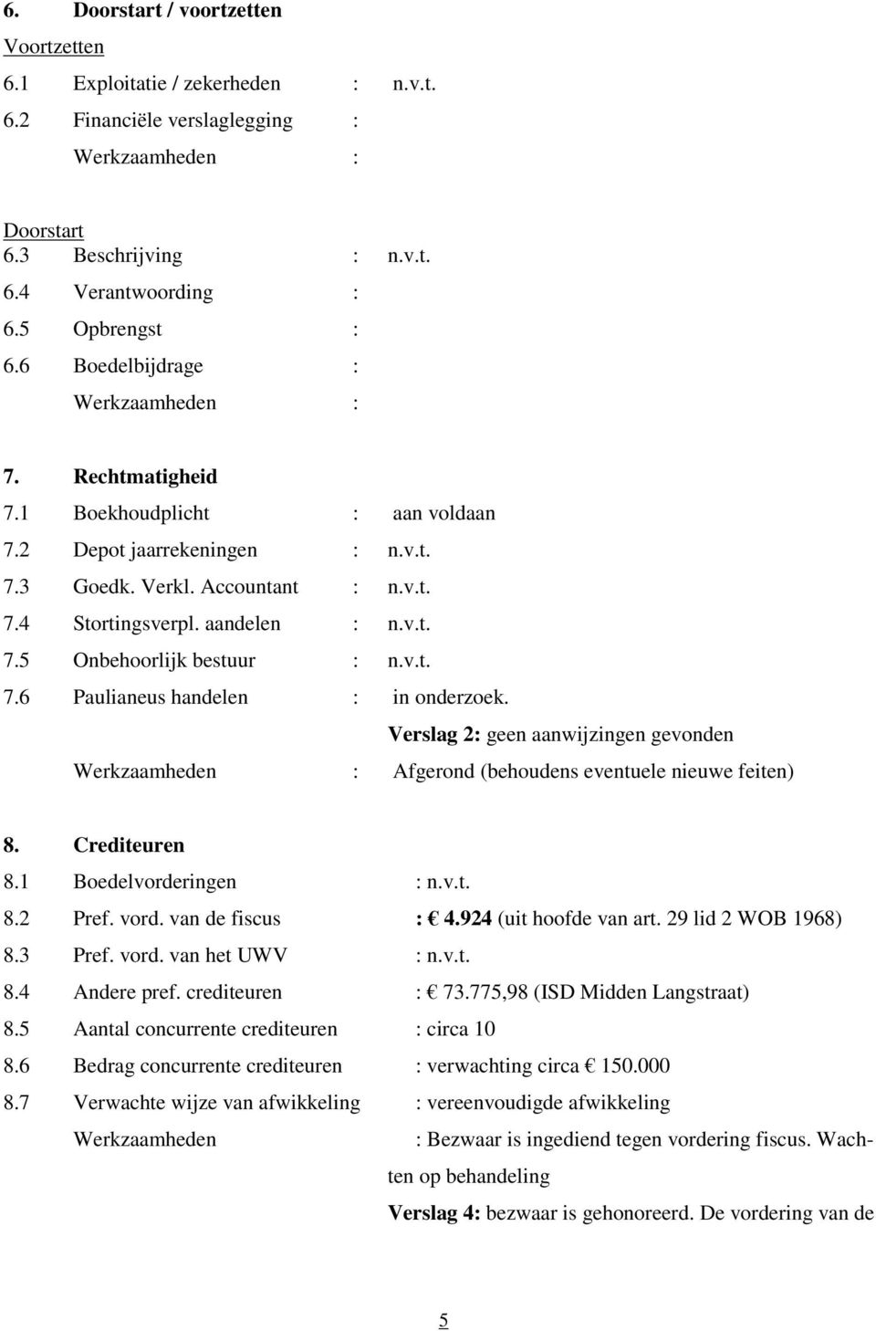 v.t. 7.6 Paulianeus handelen : in onderzoek. Verslag 2: geen aanwijzingen gevonden Afgerond (behoudens eventuele nieuwe feiten) 8. Crediteuren 8.1 Boedelvorderingen : n.v.t. 8.2 Pref. vord.