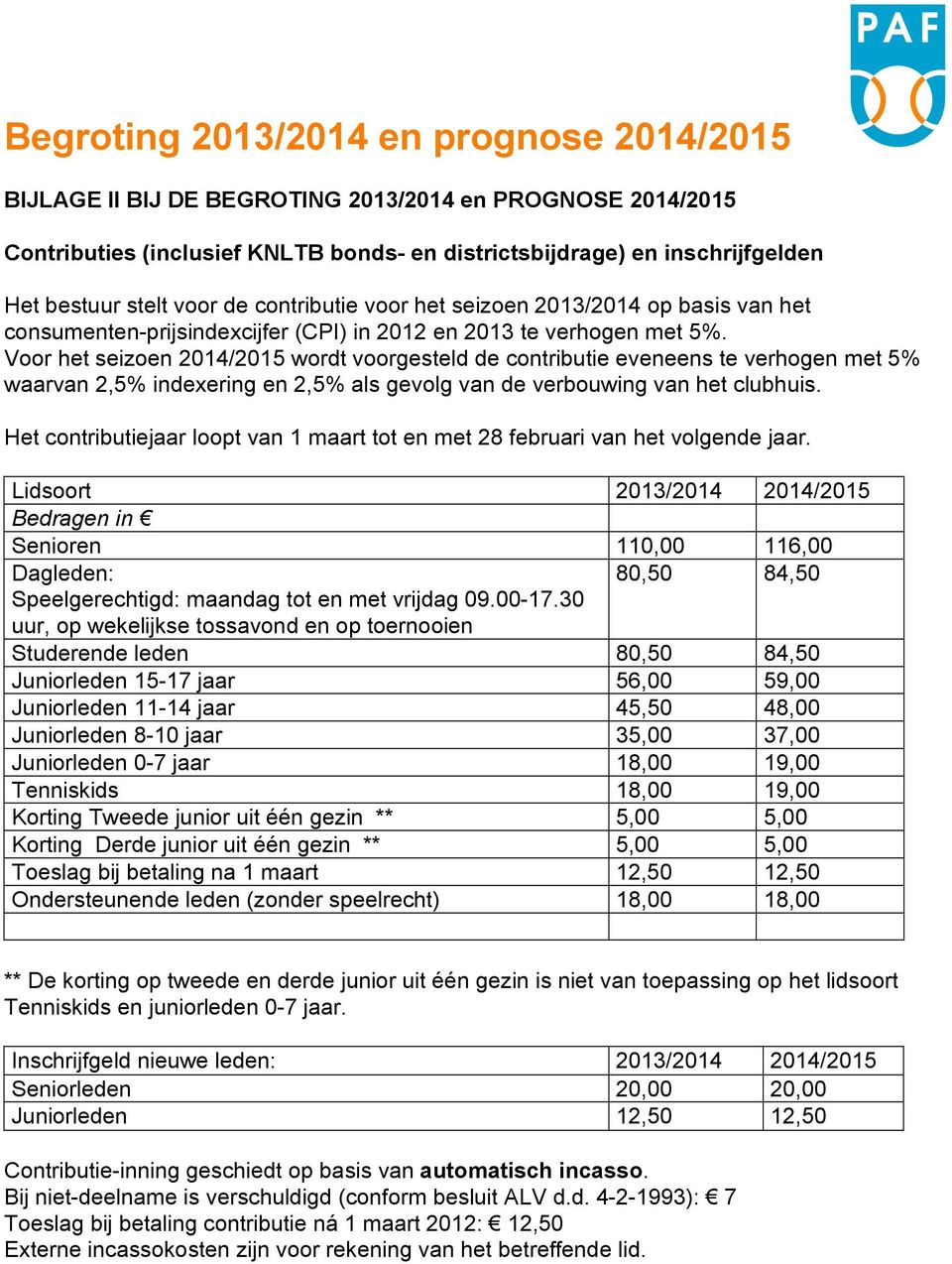 Voor het seizoen 2014/2015 wordt voorgesteld de contributie eveneens te verhogen met 5% waarvan 2,5% indexering en 2,5% als gevolg van de verbouwing van het clubhuis.