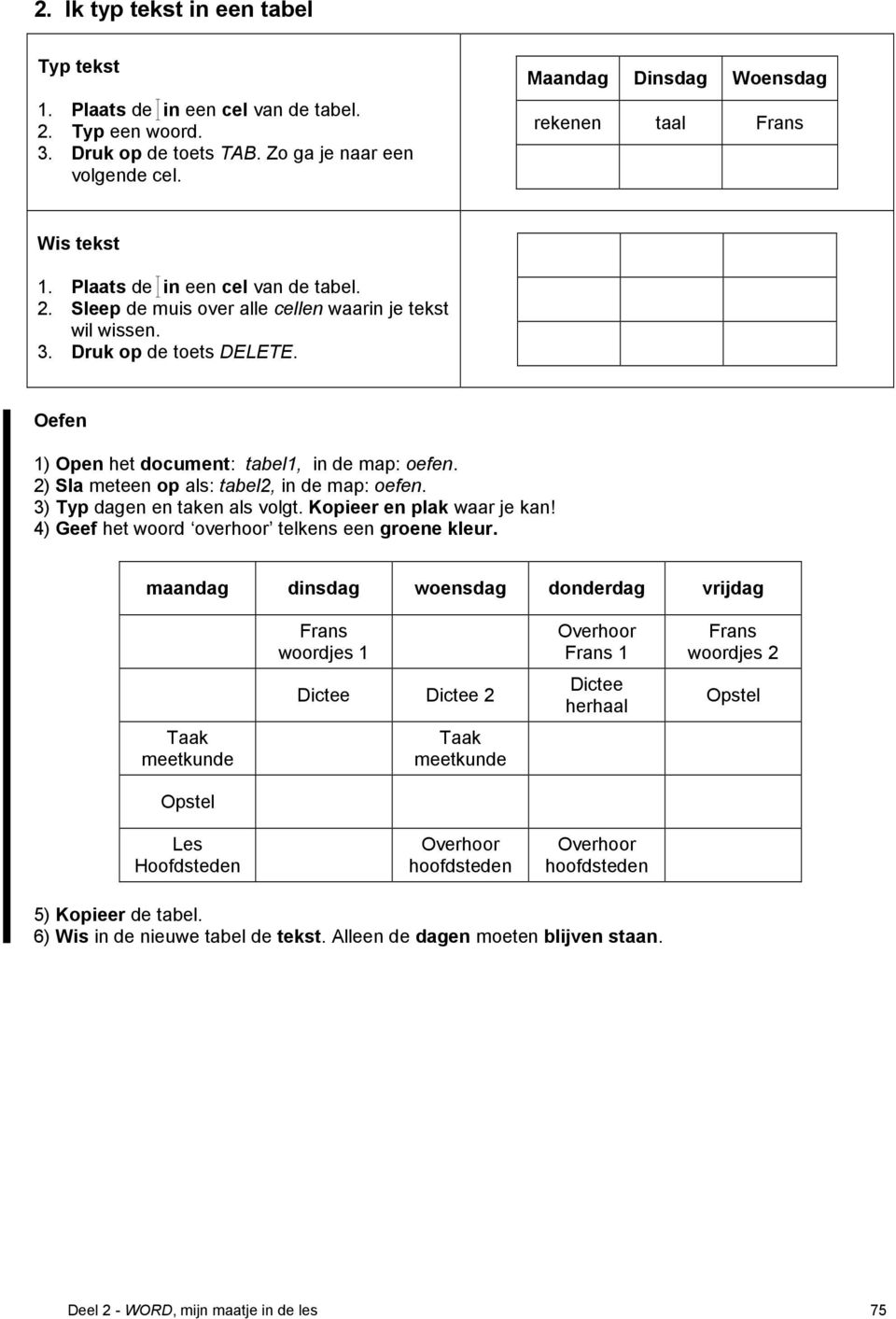 2) Sla meteen p als: tabel2, in de map: efen. 3) Typ dagen en taken als vlgt. Kpieer en plak waar je kan! 4) Geef het wrd verhr telkens een grene kleur.