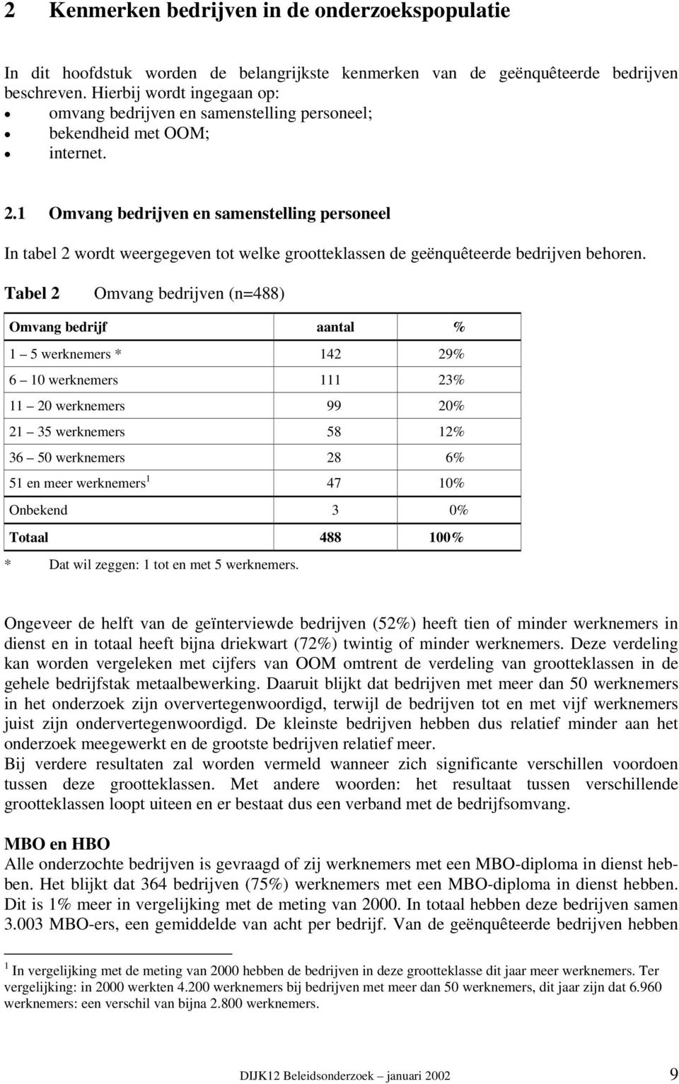 1 Omvang bedrijven en samenstelling personeel In tabel 2 wordt weergegeven tot welke grootteklassen de geënquêteerde bedrijven behoren.